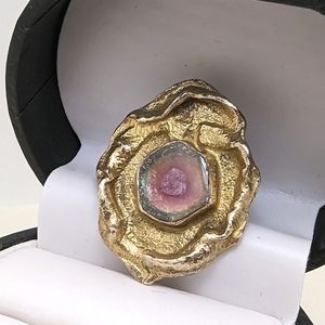 Rare Handmade Watermelon Tourmaline Gemstone Slice Vermeil Sterling Pendant